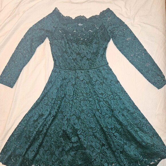 Emeralg Green eyelash lace off shoulder dress S - Picture 2 of 3